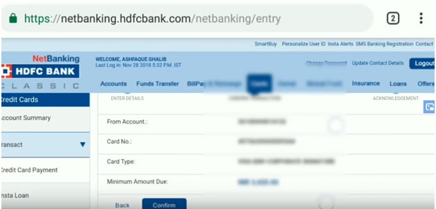 HDFC BANK Credit Card Bill Payment statement