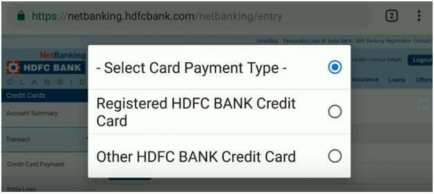 Select Card Payment type