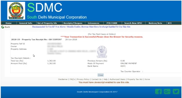 Delhi Property Tax Payment Invoice