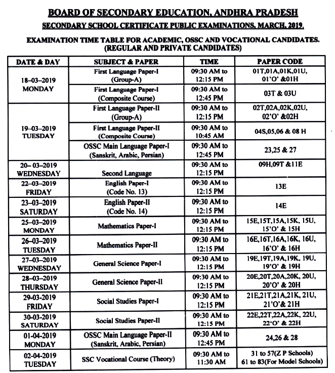 AP 10th Time Table 2019