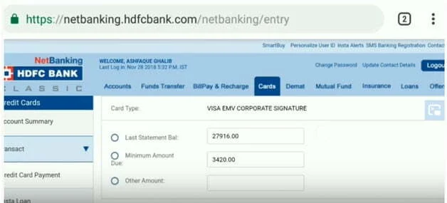 Acknowledgment for HDFC Credit Card Bill