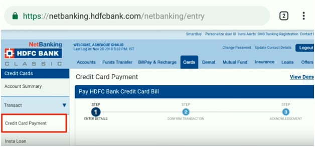 HDFC Credit Card Payment