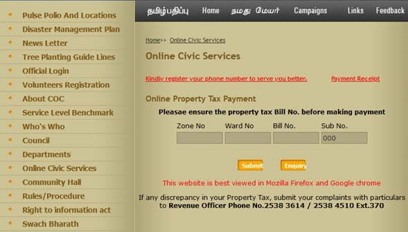 Chennai Property Tax Online Payment